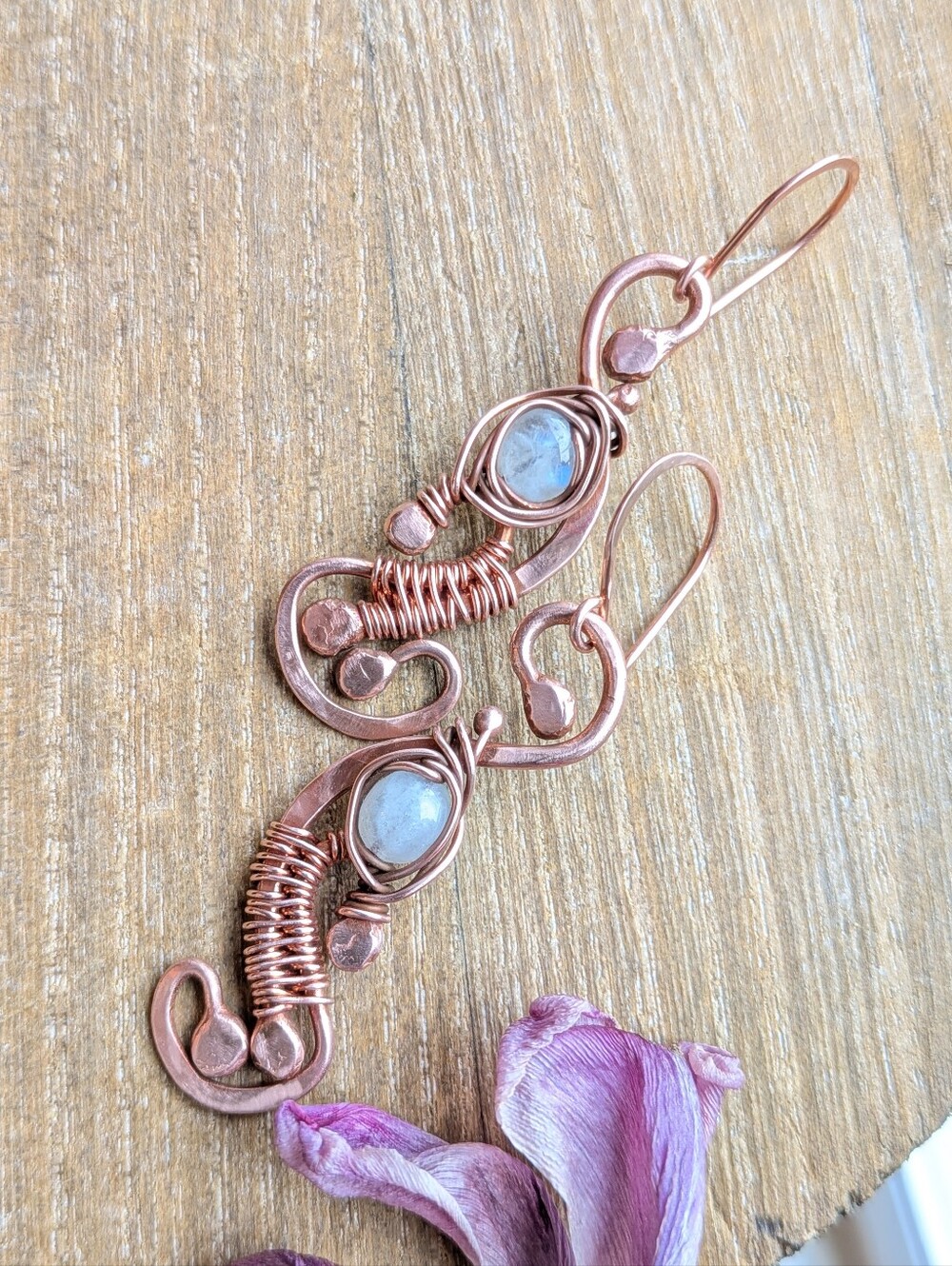 Artisan Copper Earrings with Moonstones - Picture 5 of 11